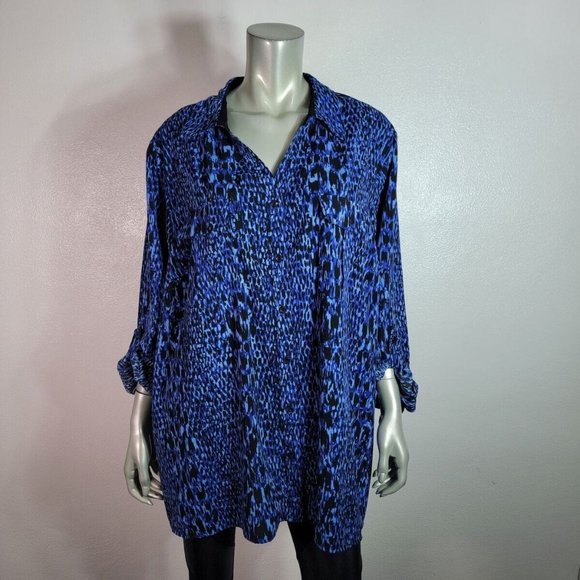 Maggie Barnes Top Plus Size 2X 22/24W Tab Sleeve Stretch Collared Button Up Blue - Picture 2 of 6